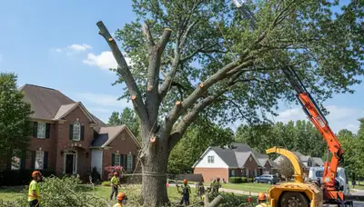 Professional crew performing residential tree removal with crane and chainsaws in Salisbury, MD