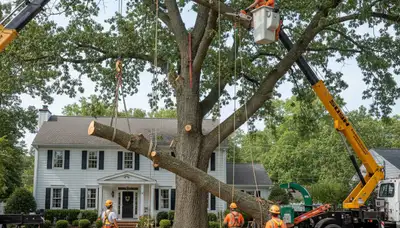 Arborists performing large tree removal in Delmar, MD with bucket truck and rigging for Salisbury homes