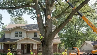 Arborist crew using bucket truck for large tree removal at a Fruitland home near Salisbury, MD