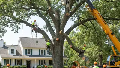 Arborists using bucket truck for large tree removal in Mardela Springs near Salisbury, MD homes
