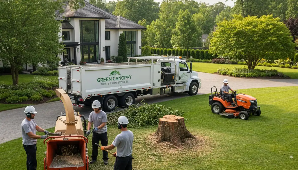 Lawn care experts trimming grass and trees in Salisbury, MD for Chop Chop Tree yard maintenance