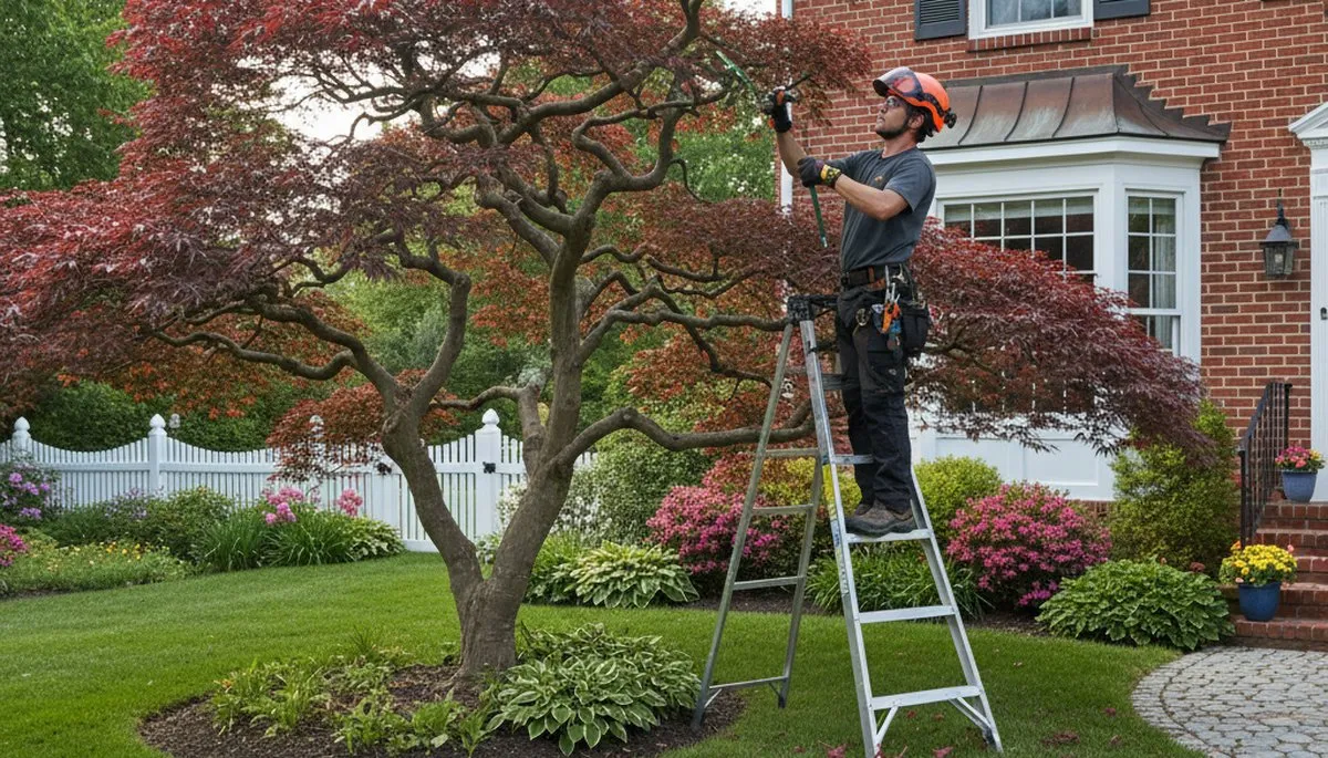 Arborist hand pruning Japanese maple for ornamental tree shaping in Salisbury MD residential landscape
