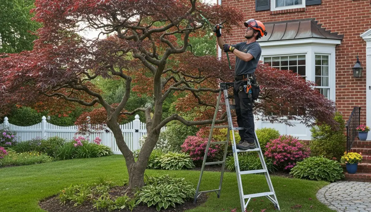 Arborist hand pruning Japanese maple for ornamental tree shaping in Salisbury MD residential landscape