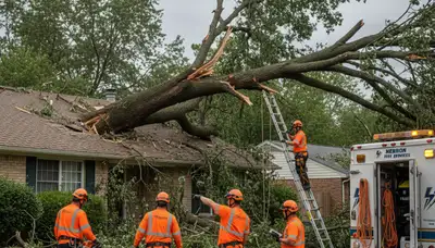 Emergency tree removal crew clearing storm-damaged trees in Hebron near Salisbury, MD homes