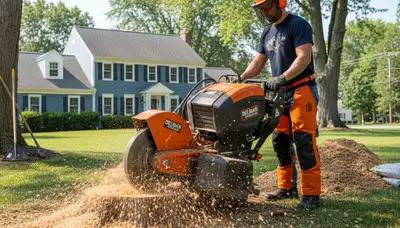 Professional stump grinding service removing tree stumps in Delmar near Salisbury, MD lawn restoration