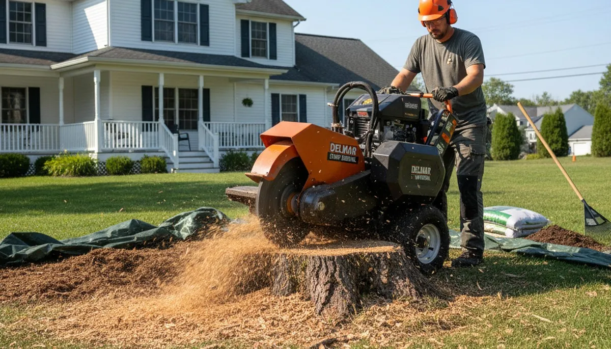 Professional stump grinding service removing tree stumps in Delmar, MD near Salisbury tree removal experts