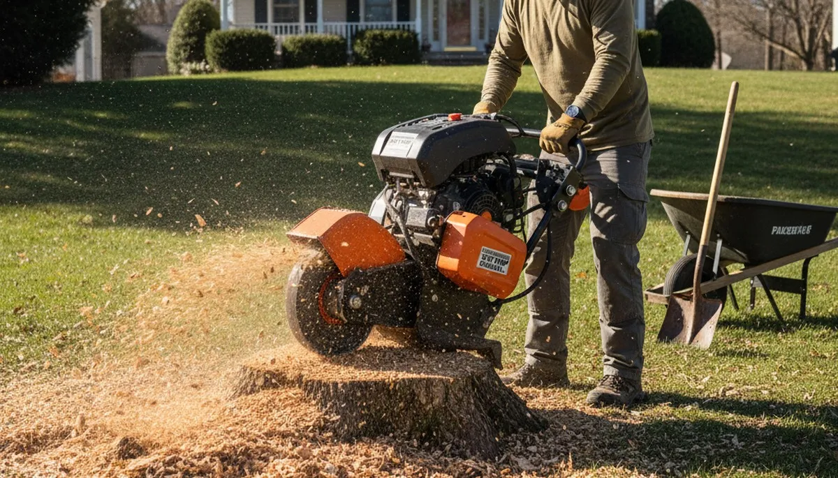 Professional stump grinding service removing tree stumps in Parsonsburg, MD near Salisbury lawn area