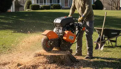 Professional stump grinding service removing tree stumps in Parsonsburg, MD near Salisbury lawn area