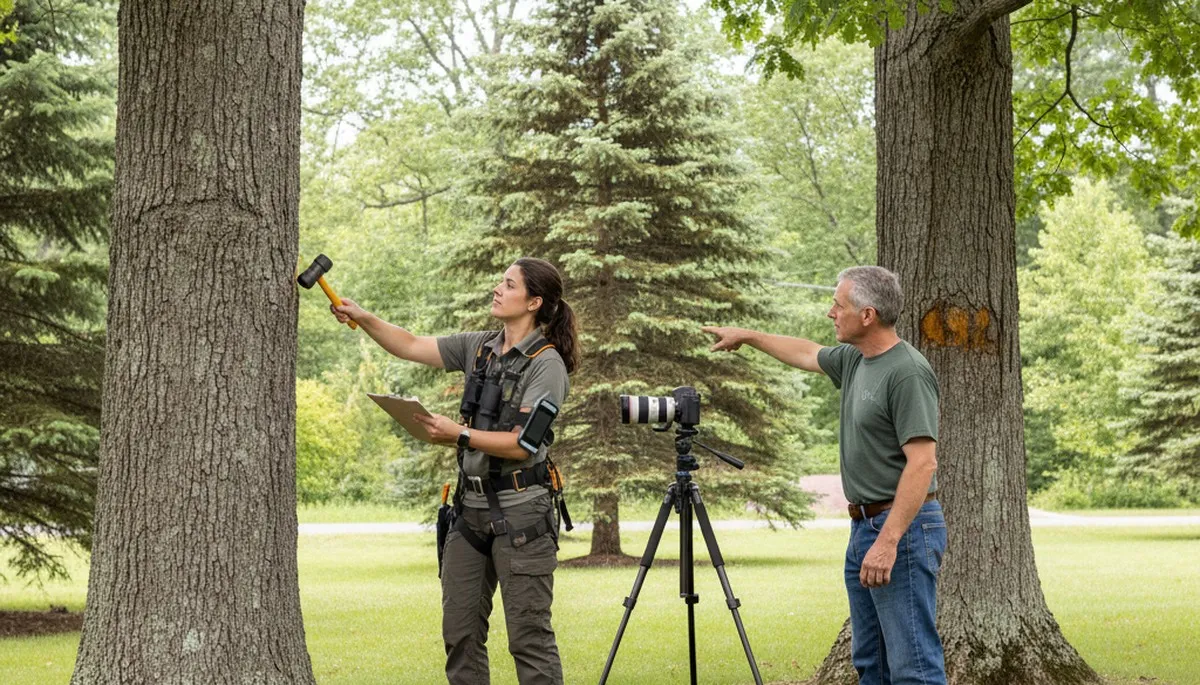 Certified arborist performing tree health assessment for homeowners in Delmar near Salisbury, MD