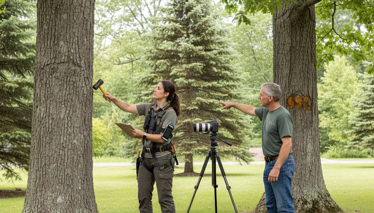 Certified arborist performing tree health assessment for homeowners in Delmar near Salisbury, MD