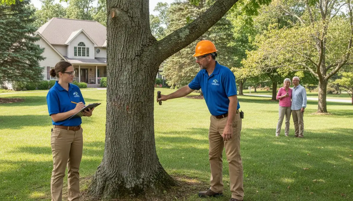 Certified arborist performing tree health assessment for homeowners in Parsonsburg, near Salisbury MD