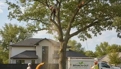 Arborist trimming tall oak tree near home in Salisbury, MD for Chop Chop Tree service safety maintenance